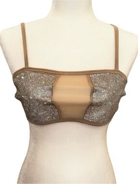 Tan and Silver Diamond Rhinestone Studded Bra